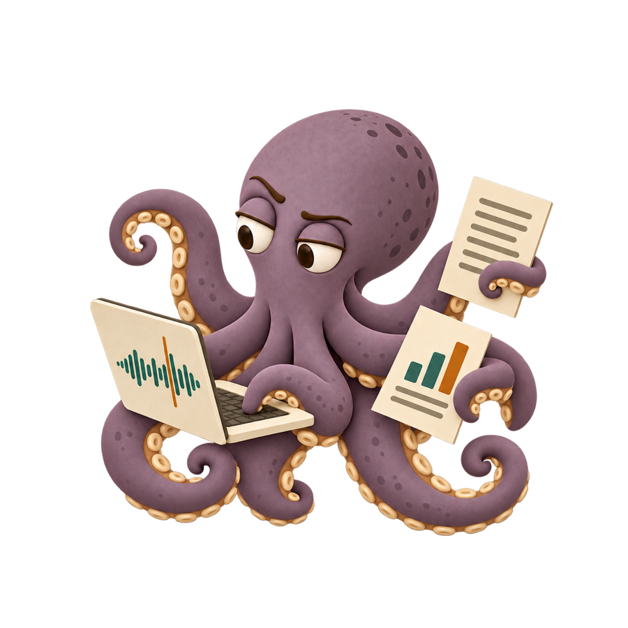 An octopus at a laptop, holding a transcript and a report in two of its other arms.