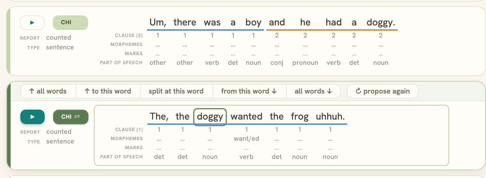 Two utterances with Coding language selected, “Um, there was a boy and he had a doggy” and “The, the doggy wanted the frog uhhuh.” Under each word are its clause number, morpheme split (want/ed), marks, and part of speech; beside each utterance, whether the report counts it and whether it is a sentence.