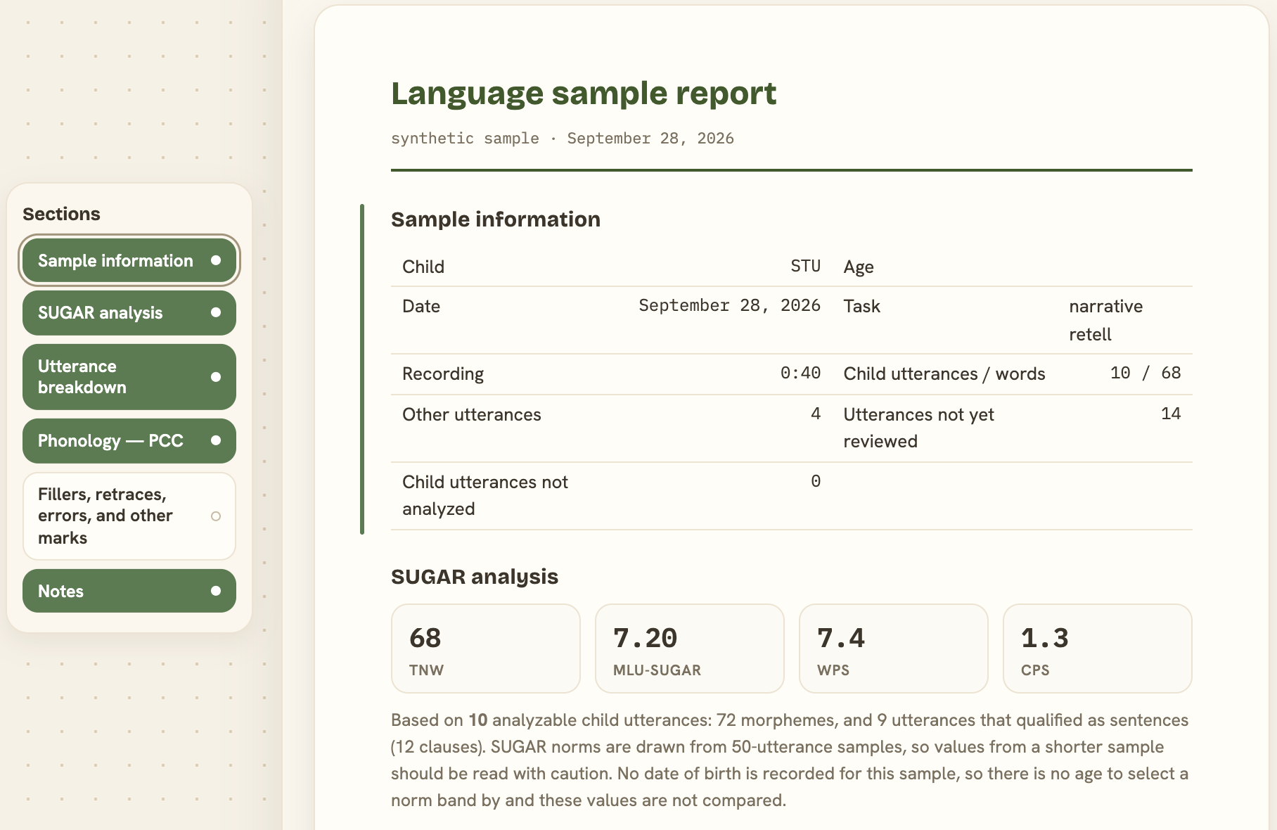 The Report room: a Sections panel with toggles for Sample information, SUGAR analysis, Utterance breakdown, Phonology — PCC, marks, and Notes, beside a language sample report showing sample information and SUGAR figures.